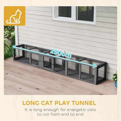 Cat Tunnel, 250cm Extra Long Wooden Cat Play Tunnel with 8 Doors, L-shape/Rectangle, Outdoor Cat Enclosure, Dark Grey