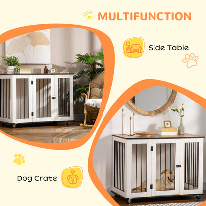 Dog Crate Furniture, Dog Cage End Table, with Wheels, for Large Dogs, 106 x 60 x 82 cm - White