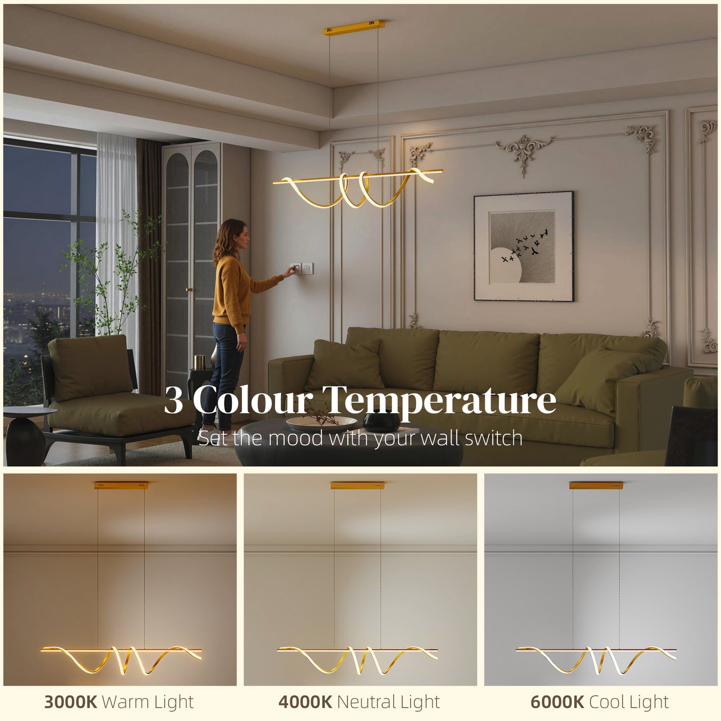 Pendant Light with 3 Colour Temperatures - Gold Tone