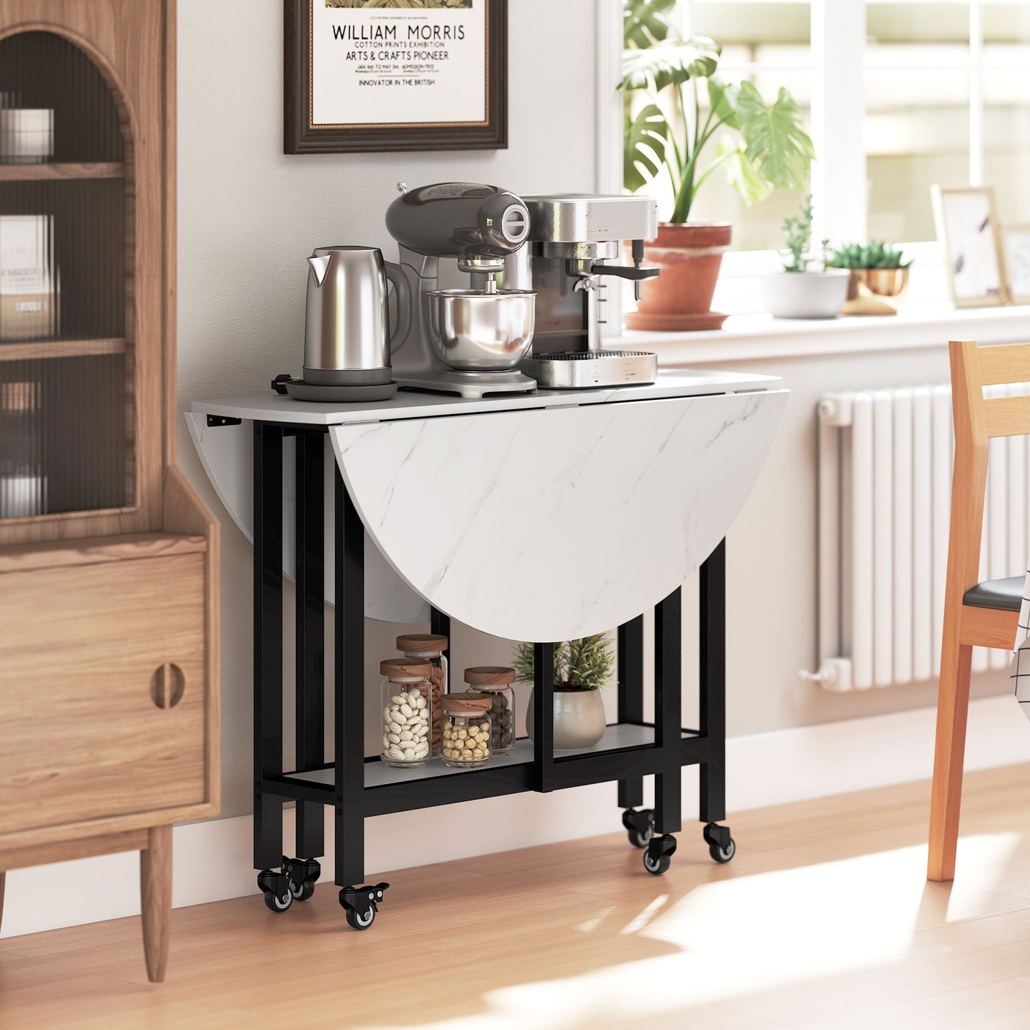 Folding Dining Table, Drop Leaf Table with Open Shelf, Rolling Kitchen Table for Dining Room, Small Spaces, White Marble