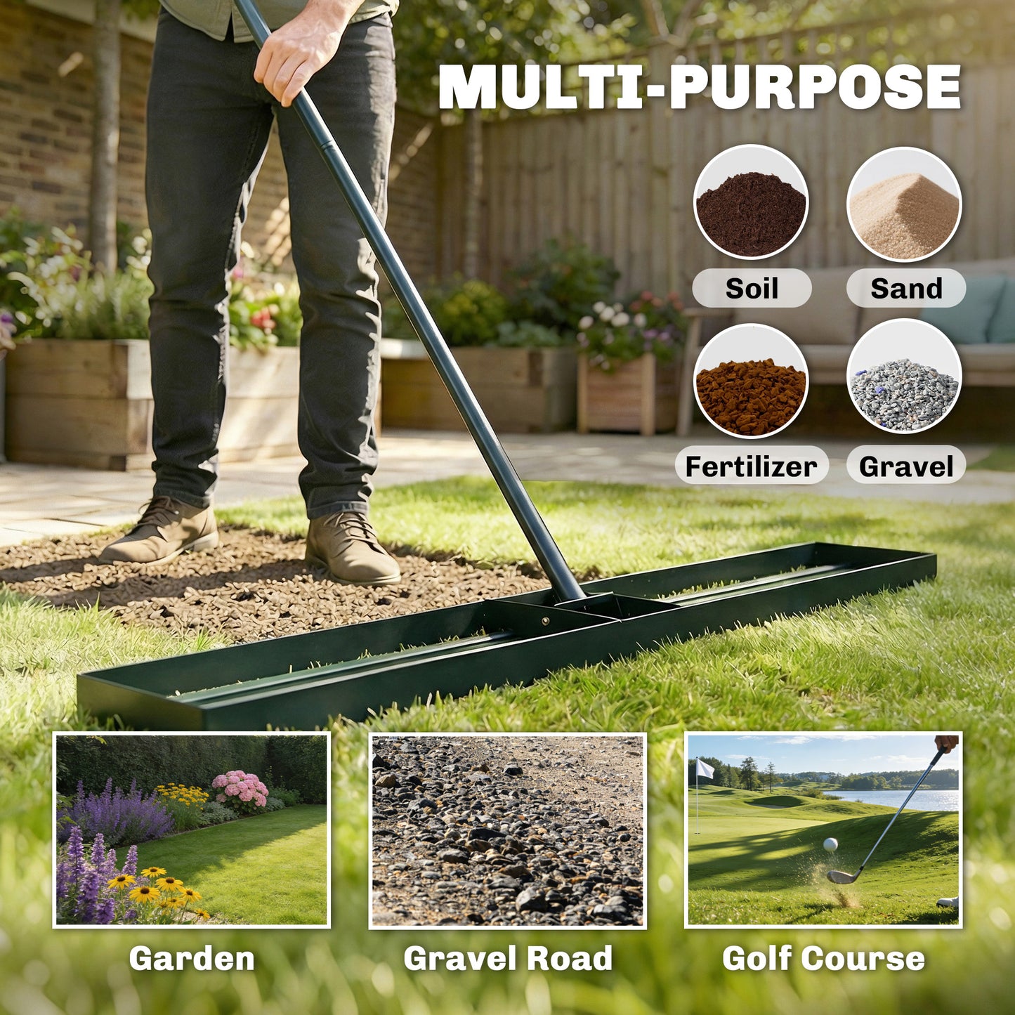 Lawn Levelling Rake, 113 x 26 cm Lawn Leveller Lute with 169 cm Handle for Grass Soil Sand Yard Golf Course