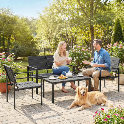 4 Piece Garden Furniture Set, Outdoor Sofa Set with HDPE Slatted Loveseat Armchairs Coffee Table Metal Frame, Black