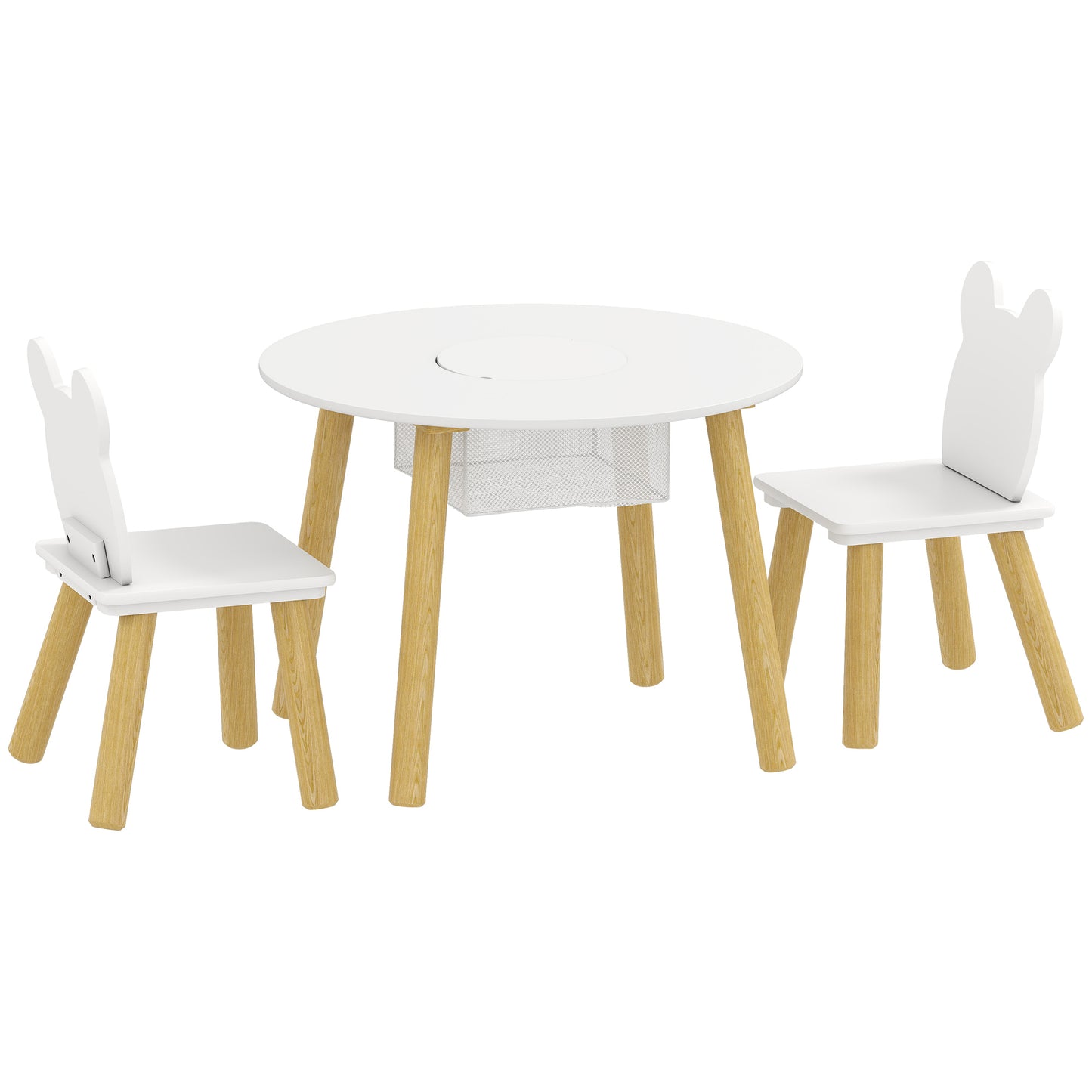3-Piece Kids Activity Table Set with Centre Mesh Bag, Bear-Shaped Backrest, for Arts and Crafts, Reading, White