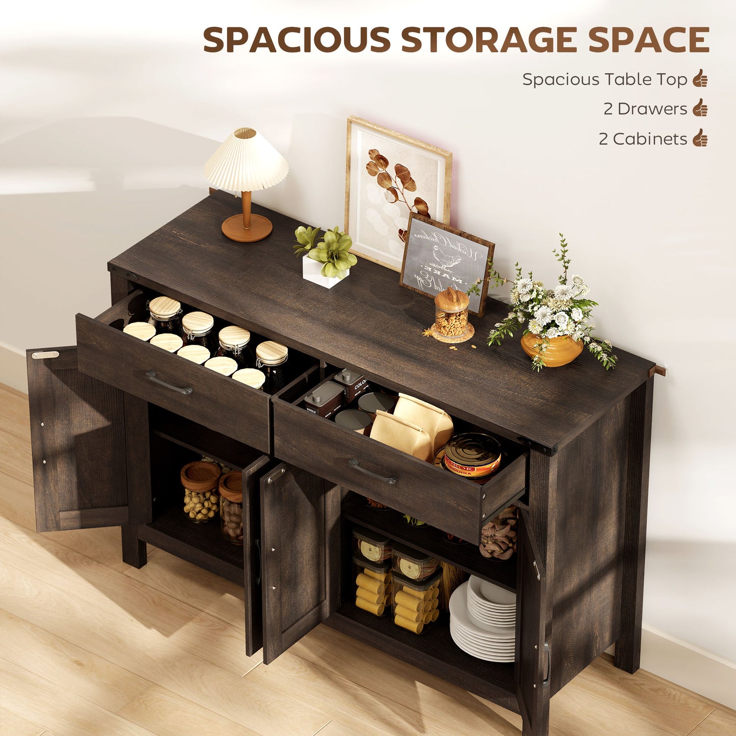 Kitchen Cupboard, Sideboard with 4 Doors, 2 Drawers and 2 Adjustable Shelves for Dining Room, Dark Brown