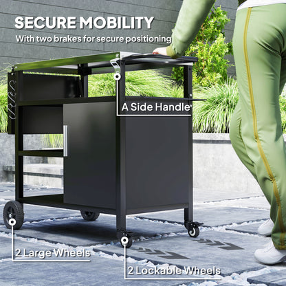 Outdoor BBQ Trolley with Foldable Side Table, Stainless Steel Top, Outdoor Kitchen with Wheels Hooks Shelves Cabinet