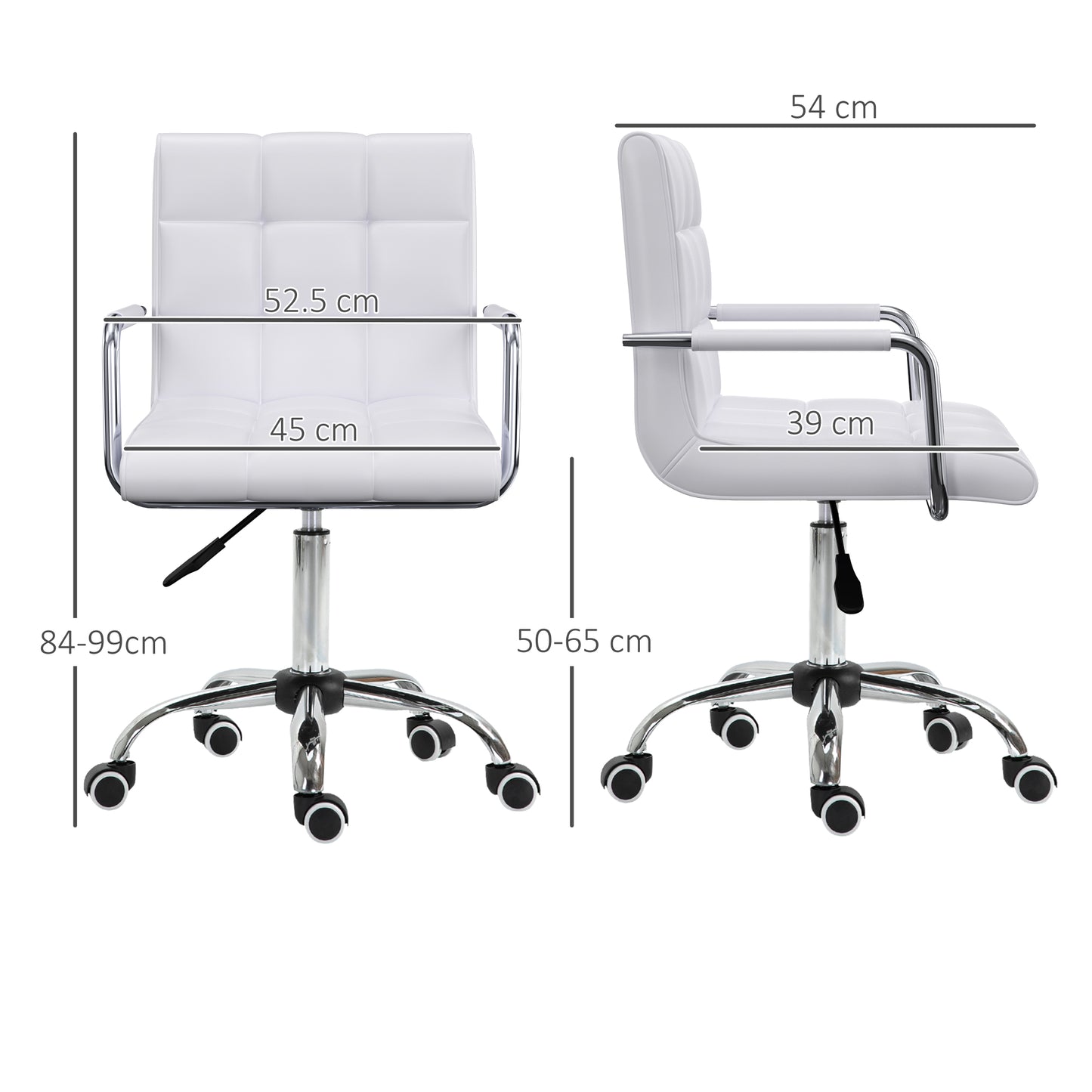 Makeup Vanity Chair, PU Leather Mid Back Office Chair with Adjustable Height, Armrest and Rolling Wheels, White