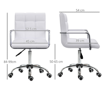 Makeup Vanity Chair, PU Leather Mid Back Office Chair with Adjustable Height, Armrest and Rolling Wheels, White
