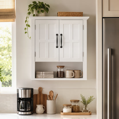 Bathroom Wall Cabinet, Medicine Cabinet, Kitchen Cupboard with 2 Doors and Adjustable Shelf, White