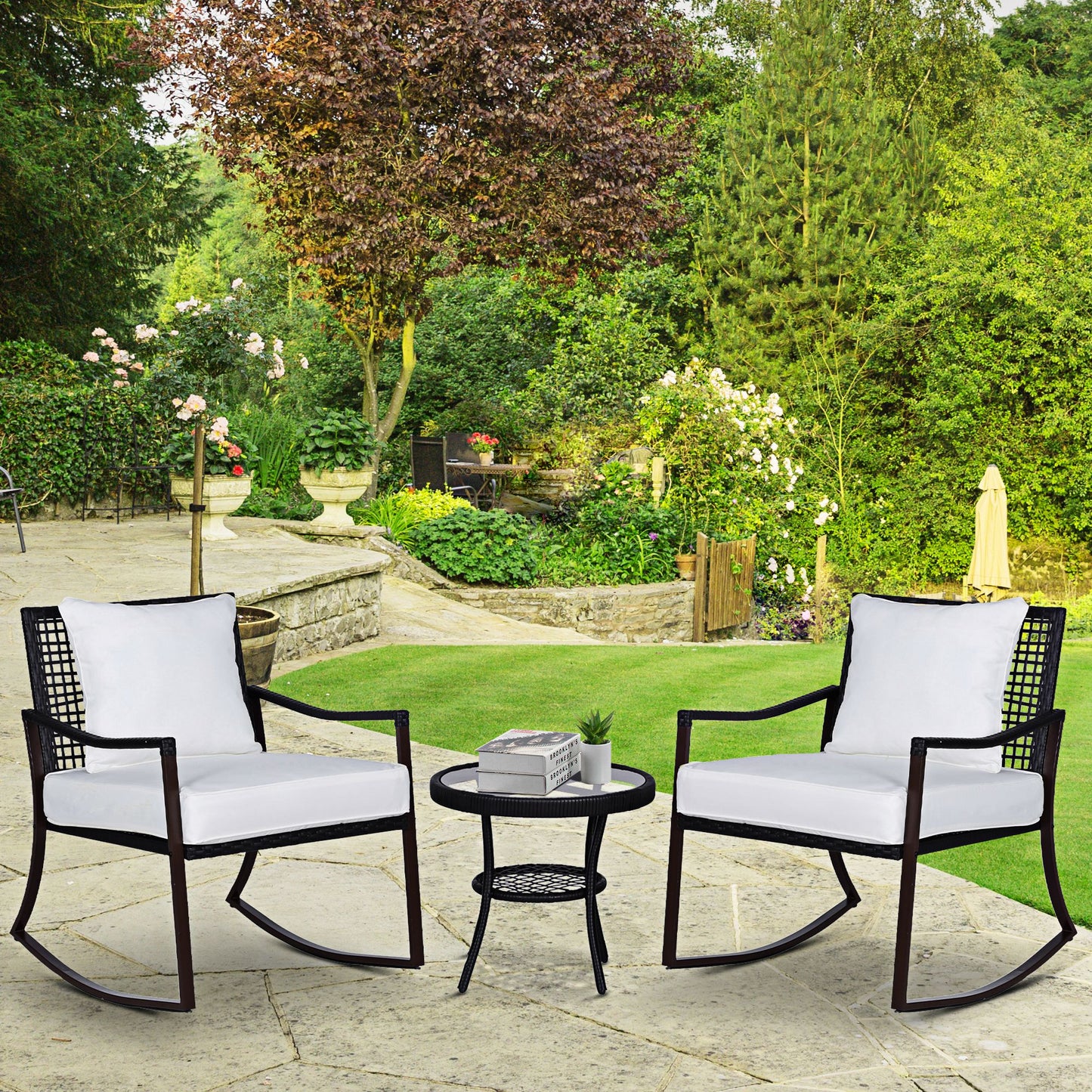 Rattan Bistro Set, 3 Pieces Wicker Garden Furniture Set with Rocking Chairs and Round Glass Top Coffee Table