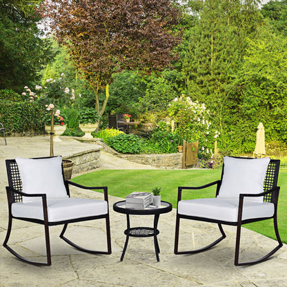 Rattan Bistro Set, 3 Pieces Wicker Garden Furniture Set with Rocking Chairs and Round Glass Top Coffee Table