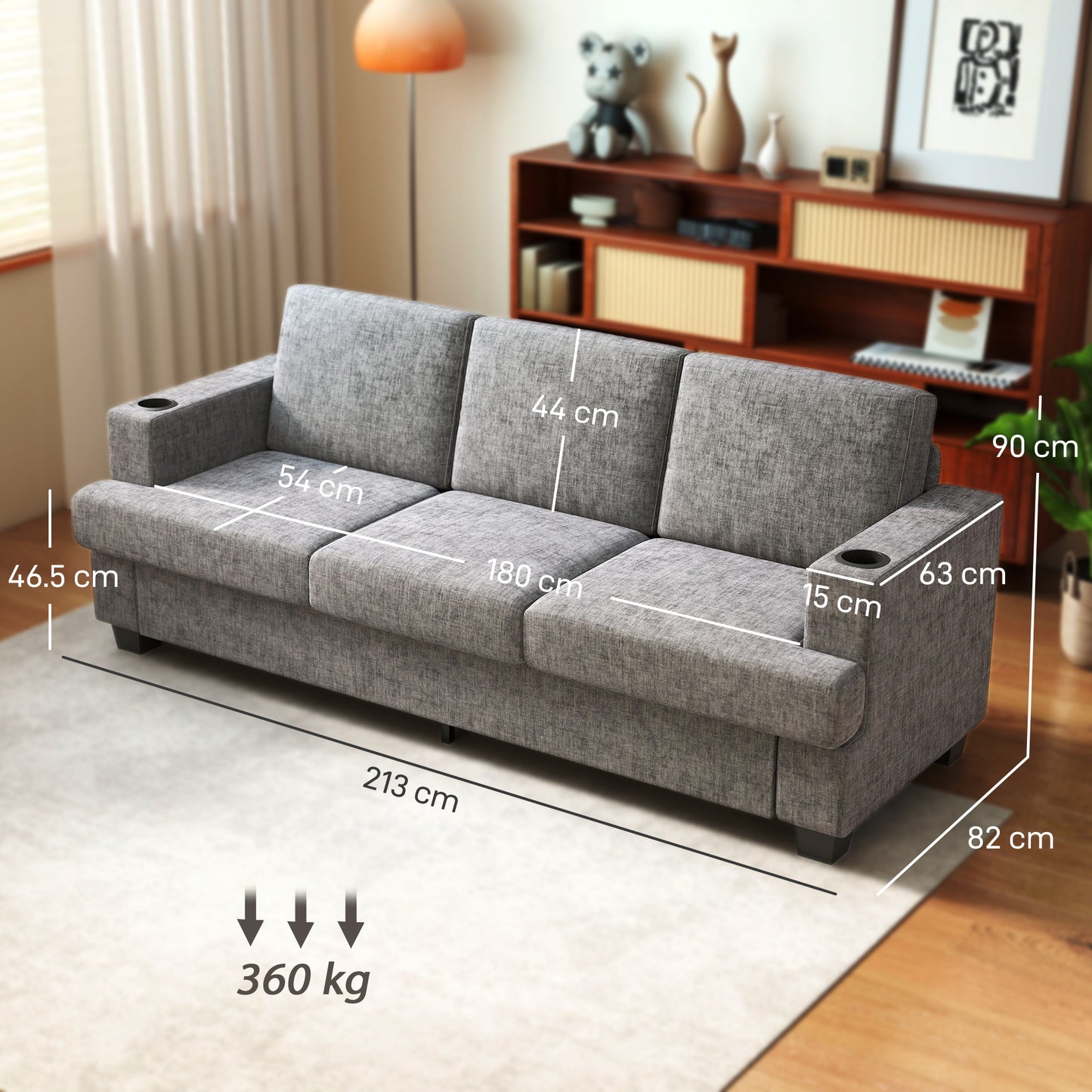 3 Seater Sofa with USB Ports & Cup Holders - Grey