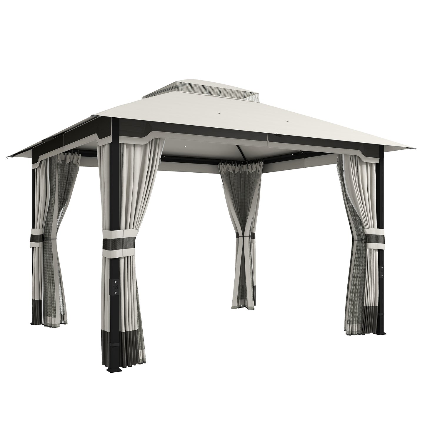 3 x 3.6 m Outdoor Garden Gazebo with Netting and Curtains, Double Roof Patio Gazebo Permanent Pavilion, Light Grey