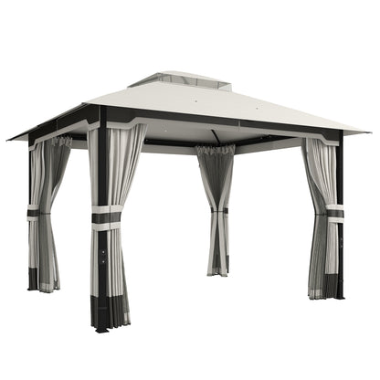 3 x 3.6 m Outdoor Garden Gazebo with Netting and Curtains, Double Roof Patio Gazebo Permanent Pavilion, Light Grey