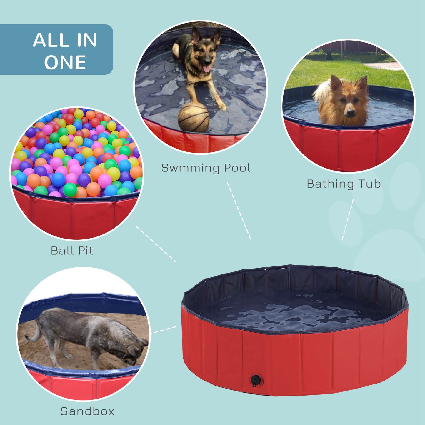 Dog Paddling Pool, Foldable Dog Pool, Leakproof & Hard Plastic, Portable Pet Bathtub with Non-Slip Base & Drainage Hole