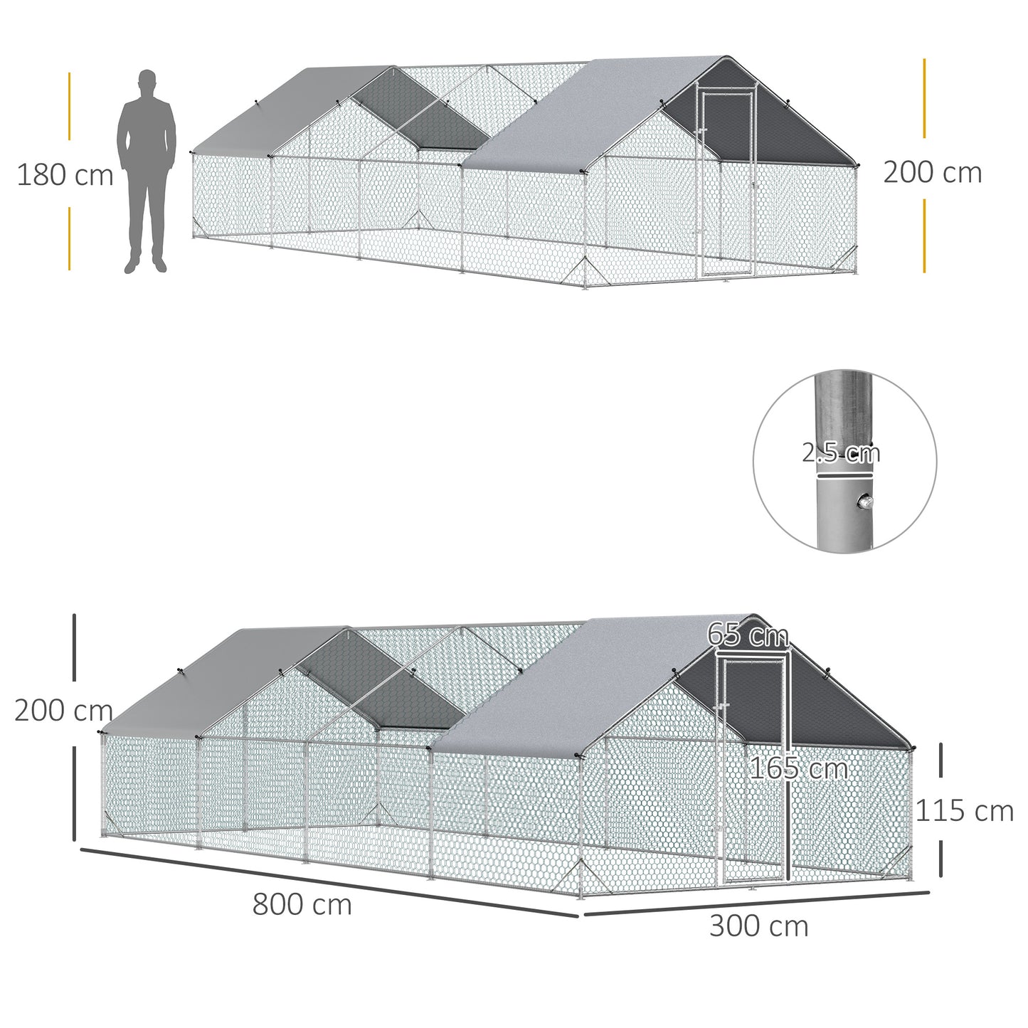 Chicken Run Galvanised Walk-in Chicken Coop Hen Poultry House Cage Rabbit Hutch with Weather-Resist Cover, 3 x 8 x 2m