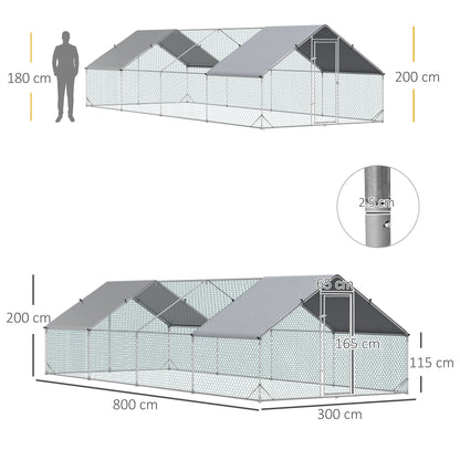 Chicken Run Galvanised Walk-in Chicken Coop Hen Poultry House Cage Rabbit Hutch with Weather-Resist Cover, 3 x 8 x 2m
