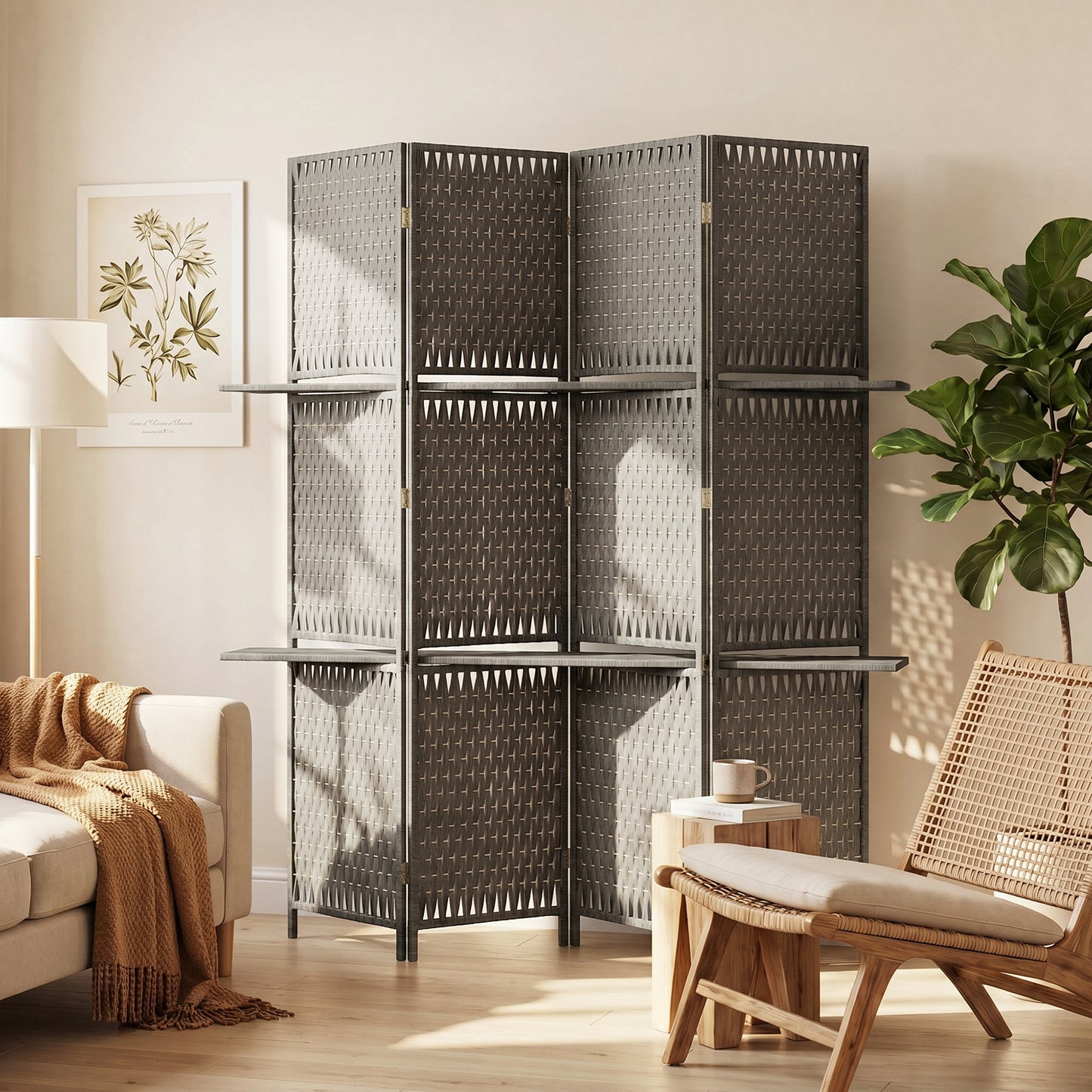Wave Fibre Freestanding Folding Privacy Screen Panels, Room Divider, Grey