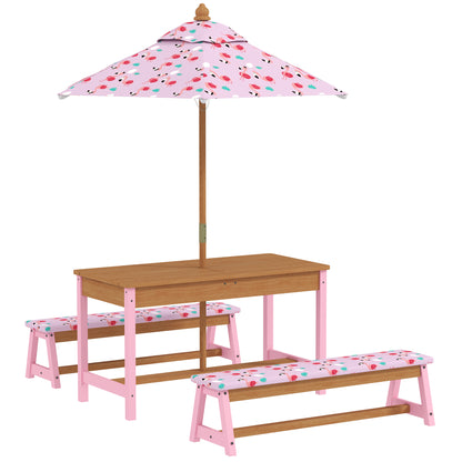 Kids Picnic Table Set with Removable & Foldable Umbrella, Storage Boxes, Flamingo Theme, Pink