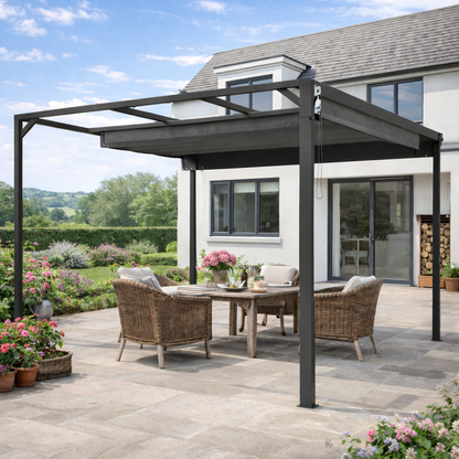 3 x 3m Aluminium Pergola, with Retractable Roof and Wall - Dark Grey