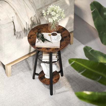 Small Round Side Table with 3 Storage Shelves - Rustic Brown