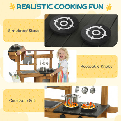 Wooden Mud Kitchen with Wheels, Stove, Faucet, Flower Pots, Stainless Steel Accessories for Toddlers 3-6, Brown