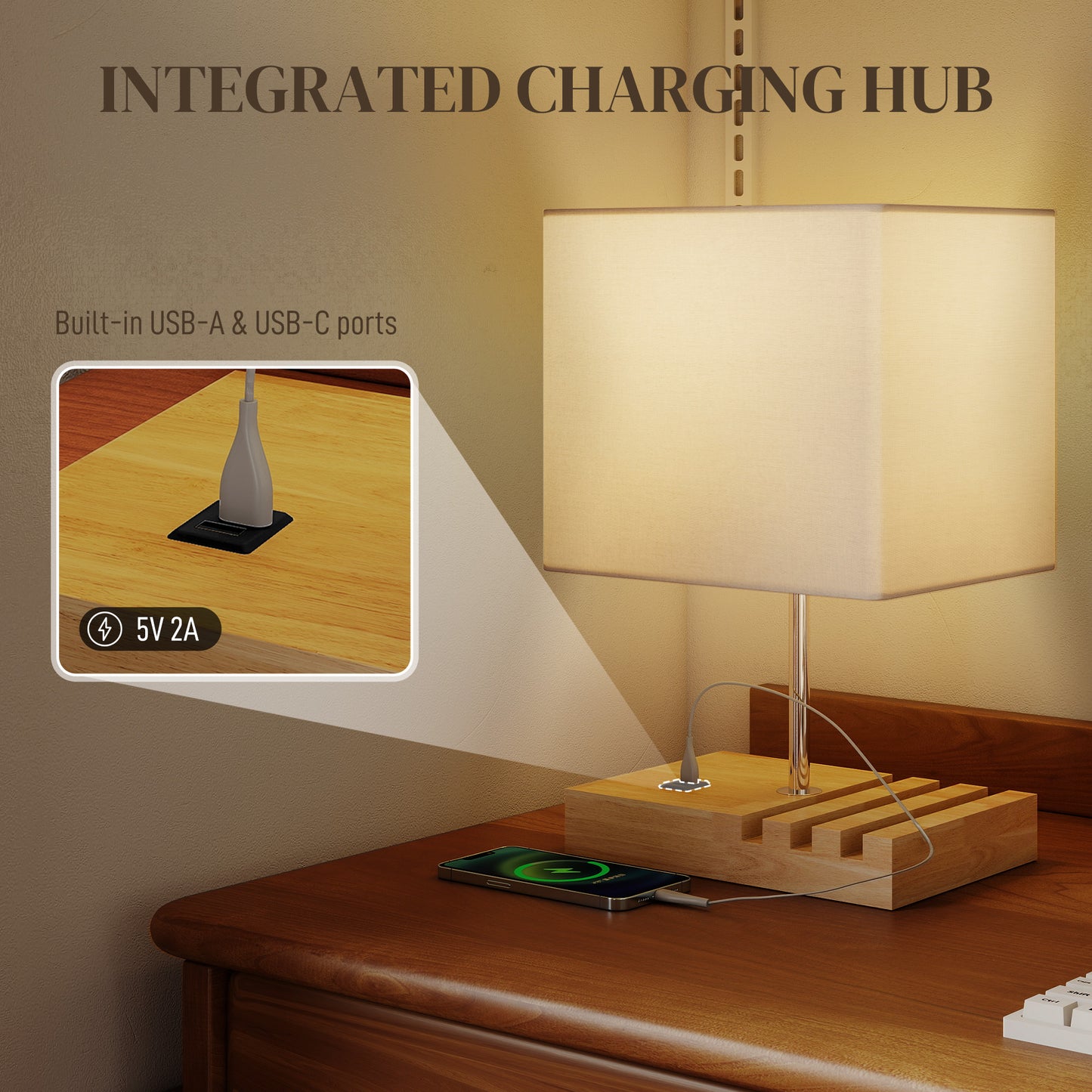 Bedside Lamp with USB A+C Charging Ports and 3 Phone Stands