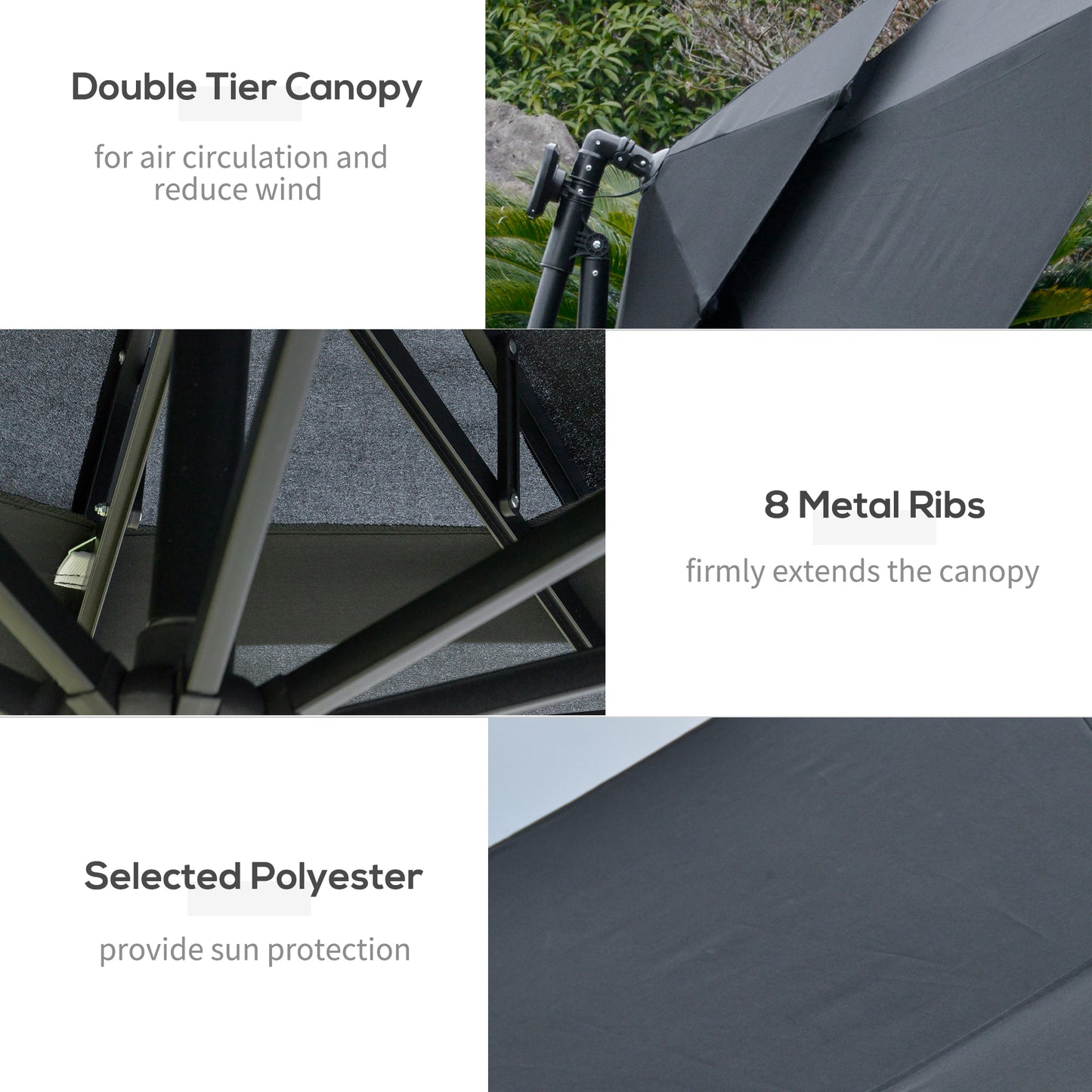 3(m) Cantilever Banana Parasol Hanging Umbrella with LED Solar lights, Crank, 8 Sturdy Ribs and Cross Base for Outdoor