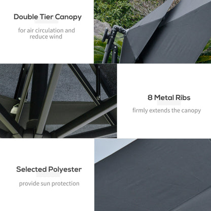 3(m) Cantilever Banana Parasol Hanging Umbrella with LED Solar lights, Crank, 8 Sturdy Ribs and Cross Base for Outdoor
