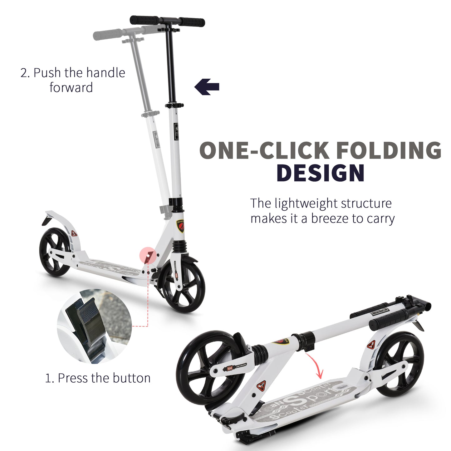 Folding Kick Scooter, Adjustable Ride On Scooter with 200mm Big Wheels and Double Shock Absorption