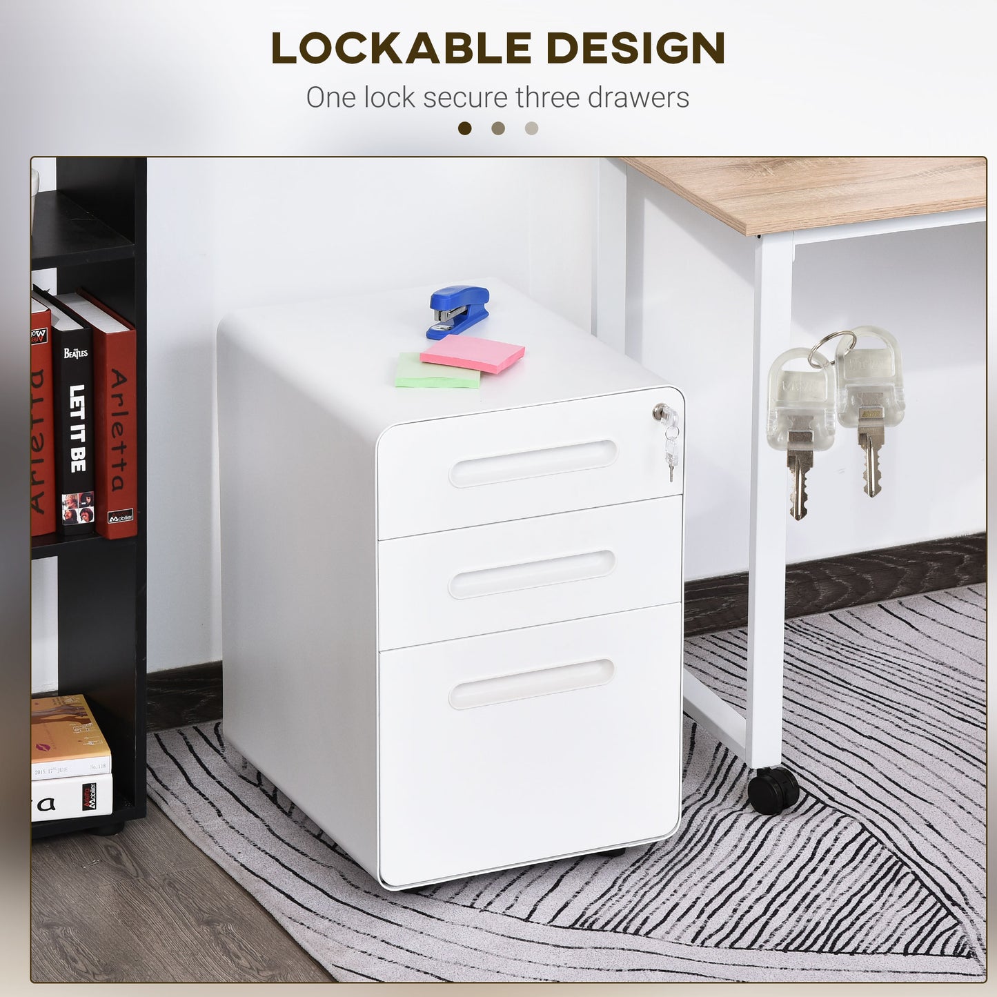Lockable File Cabinet with 3 Drawers, Vertical Office Drawer for A4, Letter, Legal Size, Anti-tilt Design