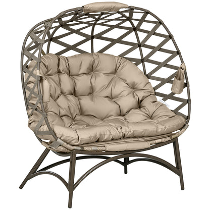 2 Seater Egg Chair Outdoor, Folding Weave Garden Furniture Chair with Cushion, Cup Pockets - Khaki