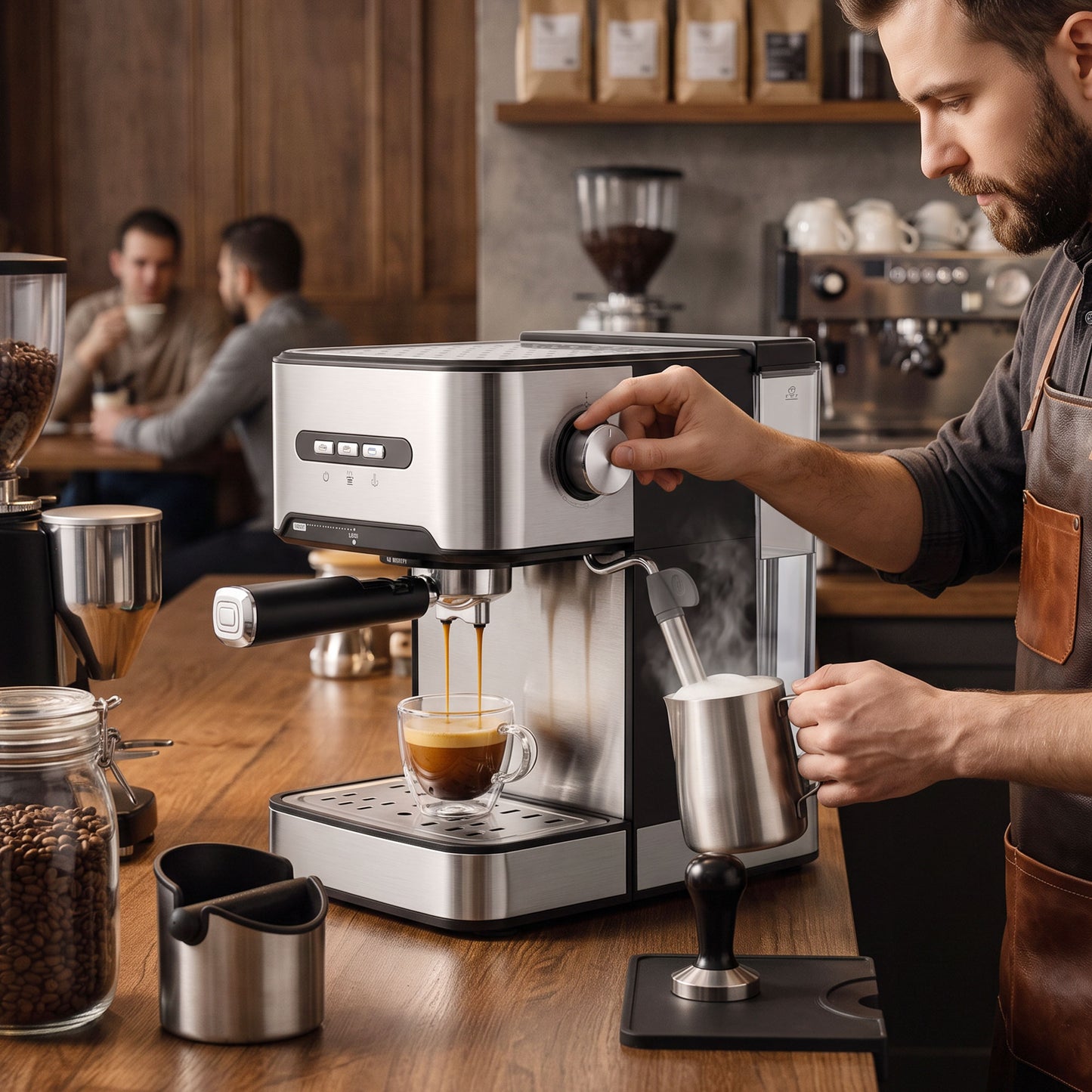 Espresso Machine, 20-Bar Semi Automatic Cappuccino Coffee Maker with Frother Wand, 1.6 L Water Tank, Black and Silver