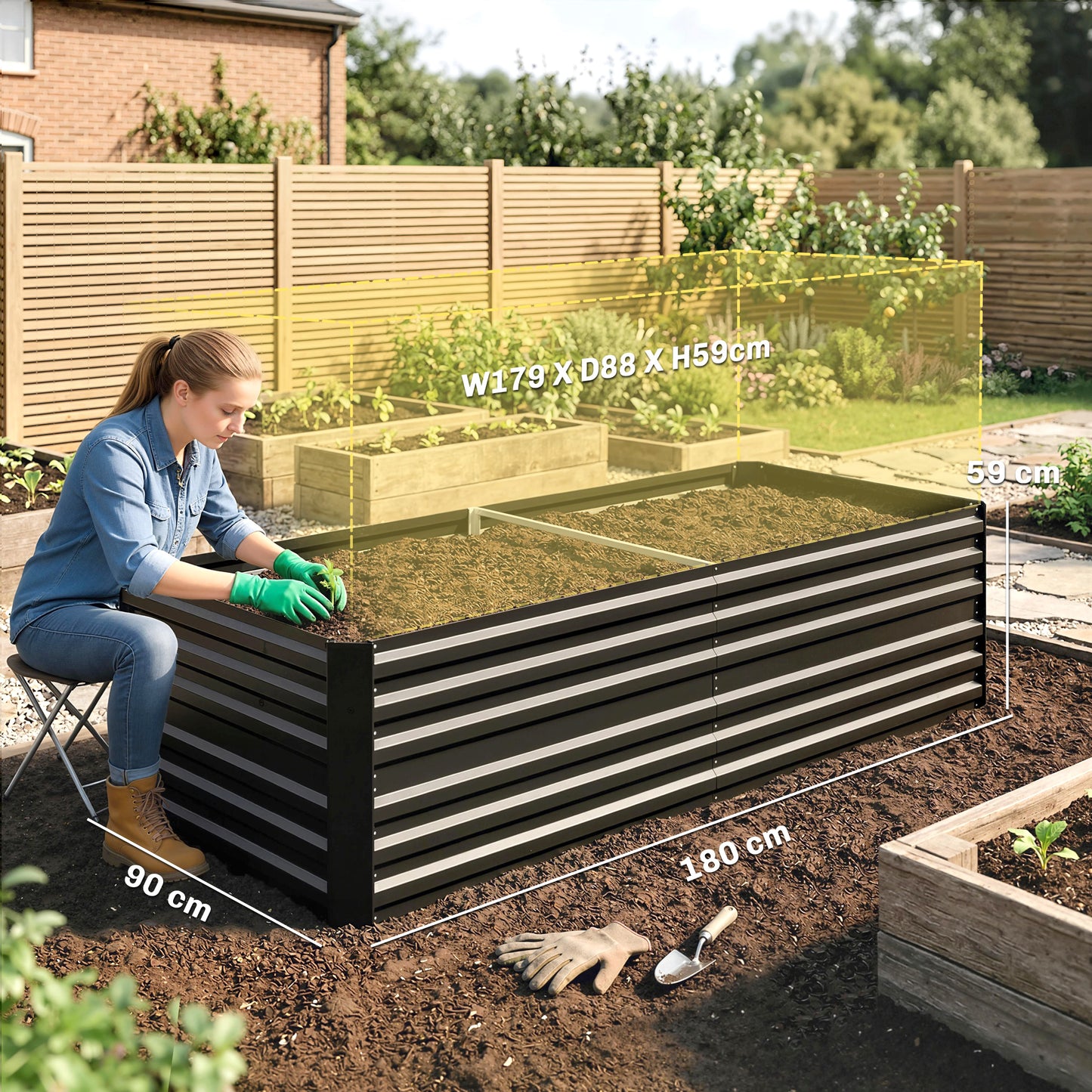 Raised Beds for Garden, Galvanised Steel Outdoor Planters with Multi-reinforced Rods, 180 x 90 x 59 cm, Black