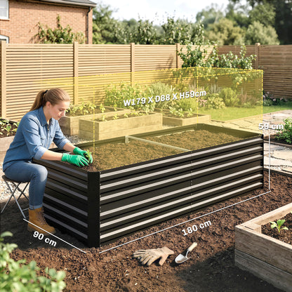 Raised Beds for Garden, Galvanised Steel Outdoor Planters with Multi-reinforced Rods, 180 x 90 x 59 cm, Black