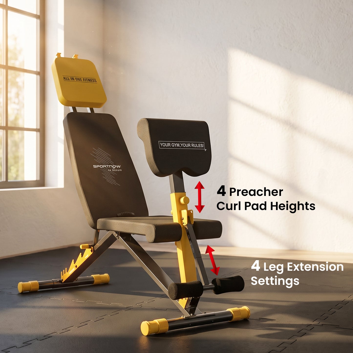 Adjustable Weight Bench for Home Gym, 300kg Incline Decline Flat Foldable Bench Press with 7 Backrest Positions, Yellow