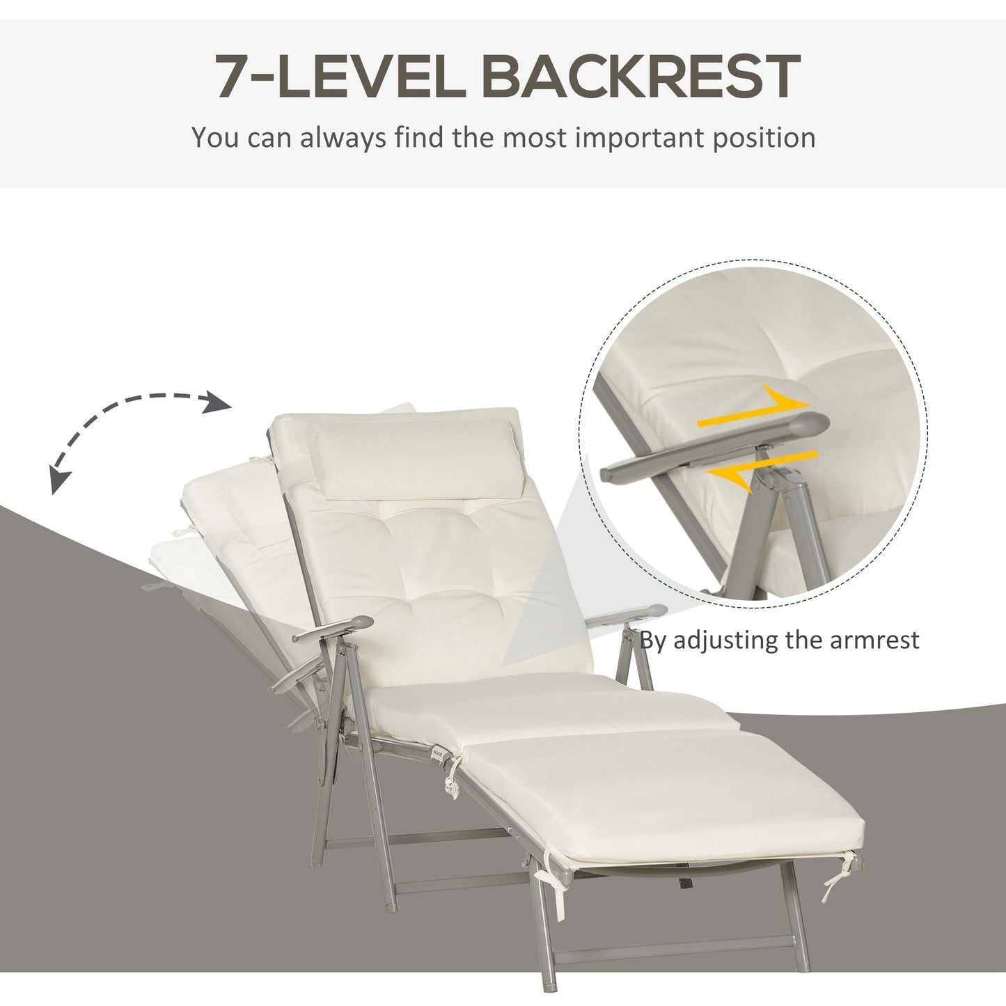 Sun Lounger Steel Frame Outdoor Folding Chaise Texteline Lounge Chair Recliner with Headrest & 7 Levels Adjustable Backrest