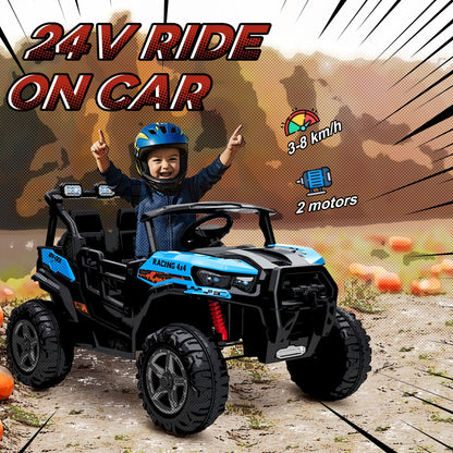 24V Electric Ride on Car, 2-Seater Electric Car for Kids with Remote, Bluetooth, Soft Start, Suspension Spring, Blue