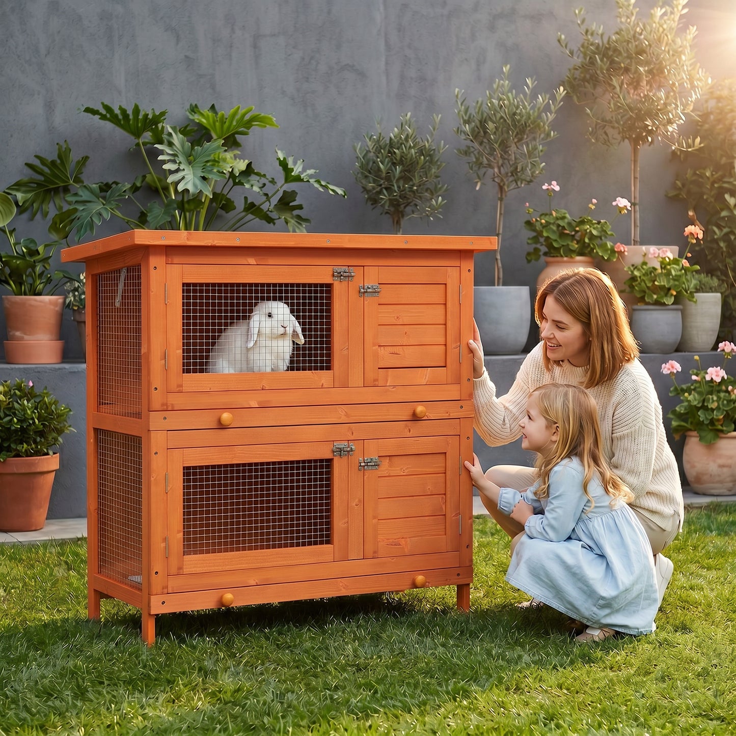 Rabbit Hutch Outdoor Guinea Pig Hutch Wooden Duck House Pet Cage with Opening Roof, 90 x 45 x 90cm
