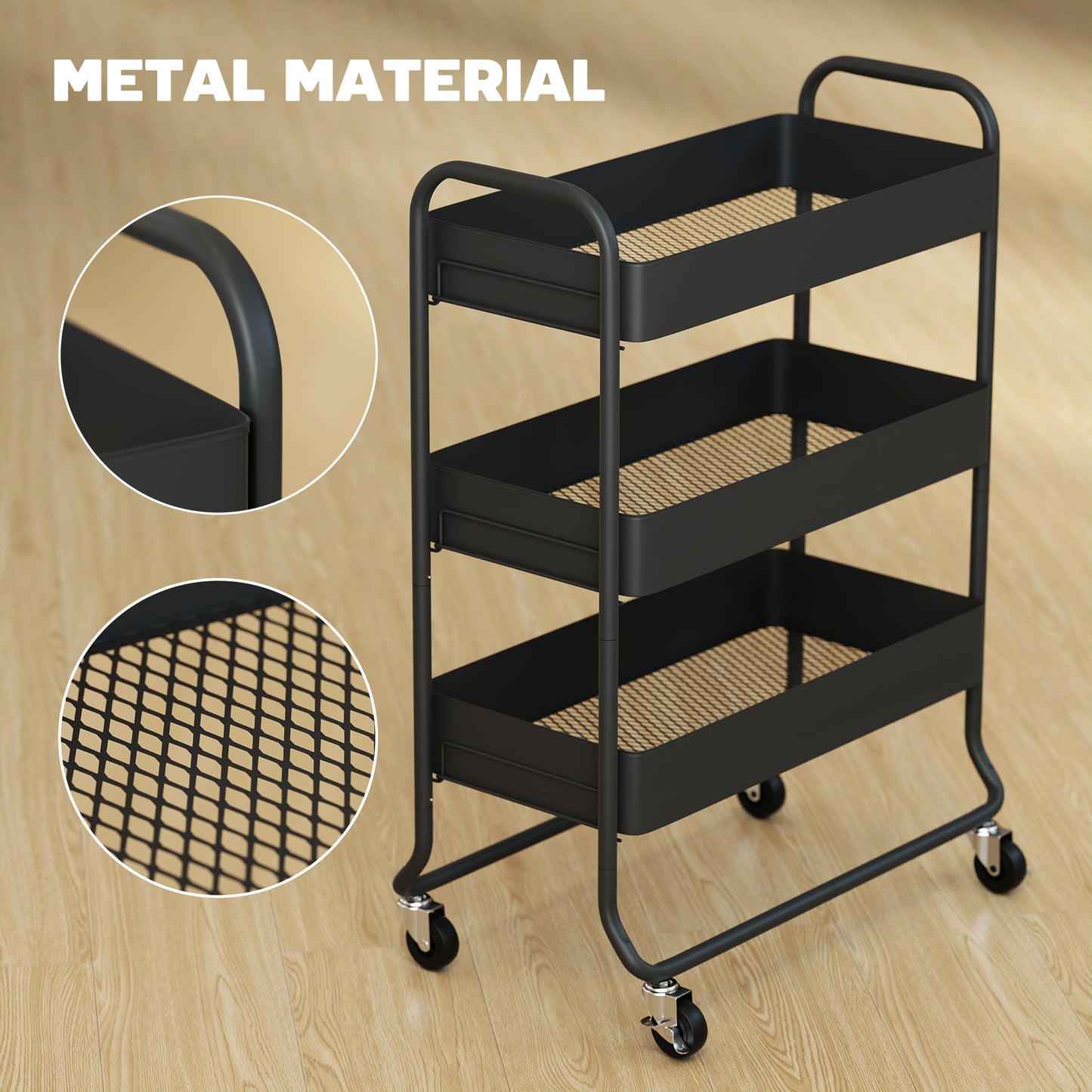 3-Tier Storage Trolley on Wheels, Rolling Utility Cart with Mesh Backets for Kitchen, Bathroom, Bedroom, Black