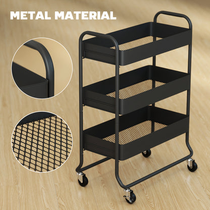 3-Tier Storage Trolley on Wheels, Rolling Utility Cart with Mesh Backets for Kitchen, Bathroom, Bedroom, Black