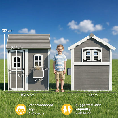 Wooden Playhouse for Kids with Doors, Windows, Plant Box, Floors, for Ages 3-8 Years, for Gardens, Lawns, Patios - Grey