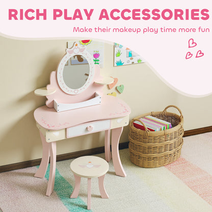 Kids Dressing Table, Girls Vanity Set with Mirror and Stool, 7 Play Accessories, Drawer, Desktop Storage, Pink