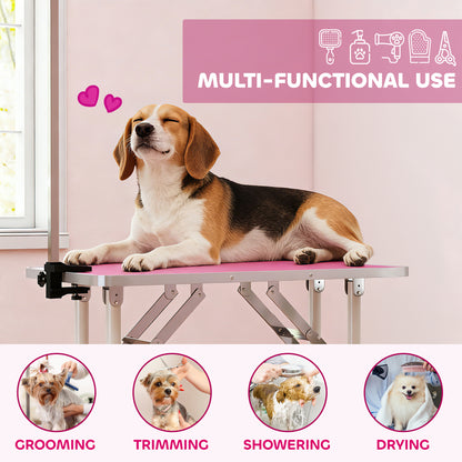 32" Foldable Dog Grooming Table Pet Drying Beauty Table Adjustable Fixed Arm Rubber Top, Pink