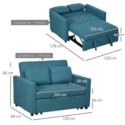 Loveseat Sofa Bed, Convertible Bed Settee with 2 Pillows, Side Pockets, Blue