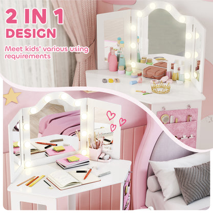Kids Dressing Table and Stool Set, Girls Vanity Table with 2-Colour LED Lights, Tri-Folding Mirror, White