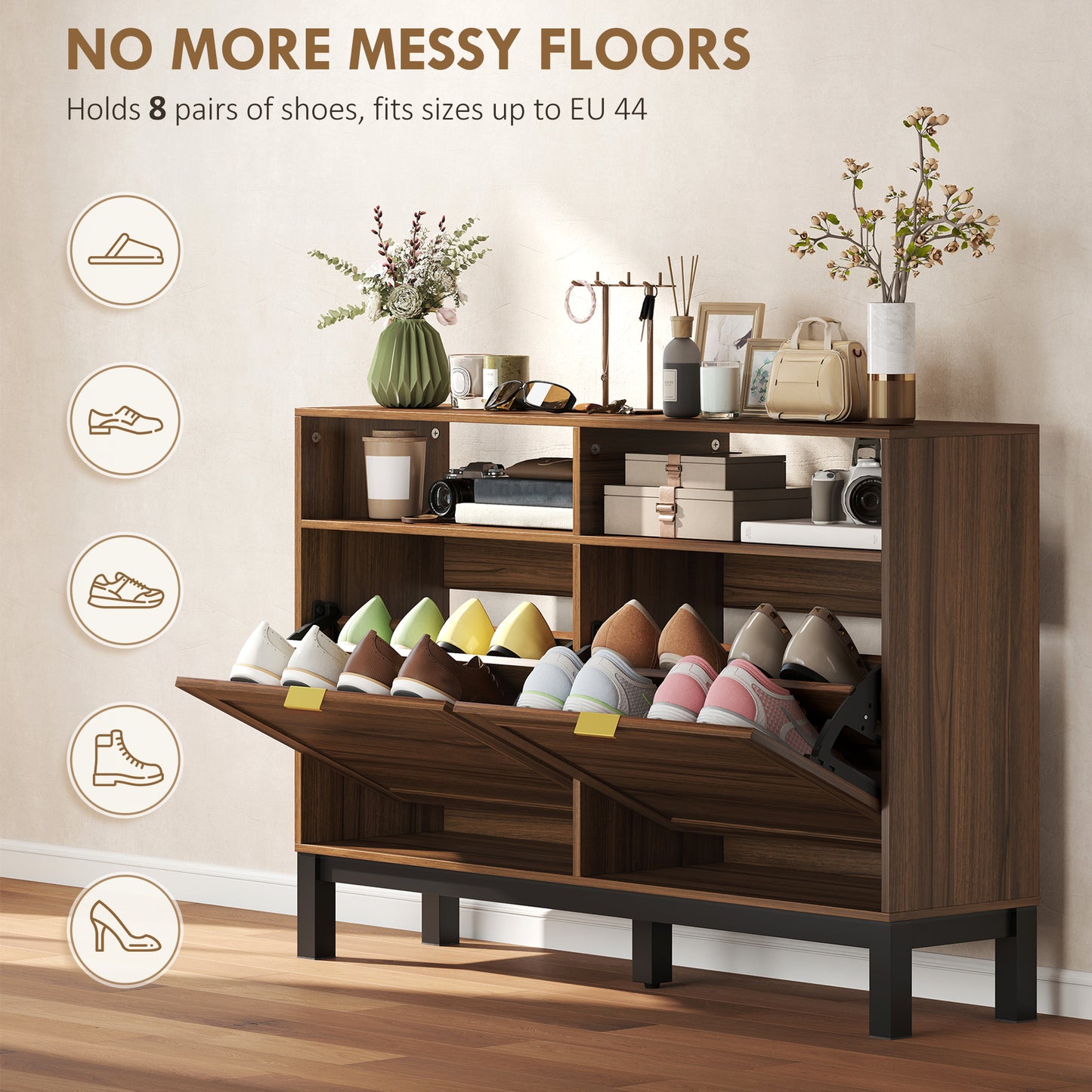 Shoe Cabinet with 2 Flip Drawers, Narrow Shoe Storage Top for Entryway Hallway, Rustic Brown