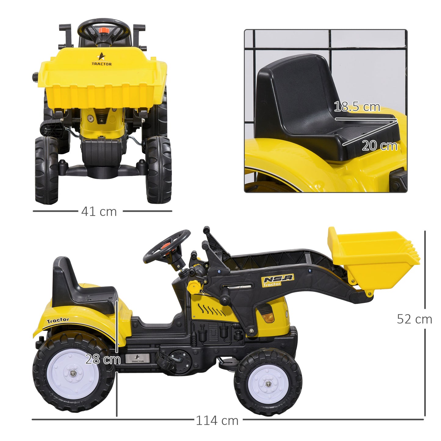 Ride On Tractor, Toddler Excavator Toy, Pretend Play Construction Truck with Adjustable Bucket, Horn for 3 Years+