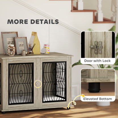 46.46'' Dog Crate Furniture Table with Soft Washable Cushion and Lockable Door, for Large Indoor Dogs, Grey