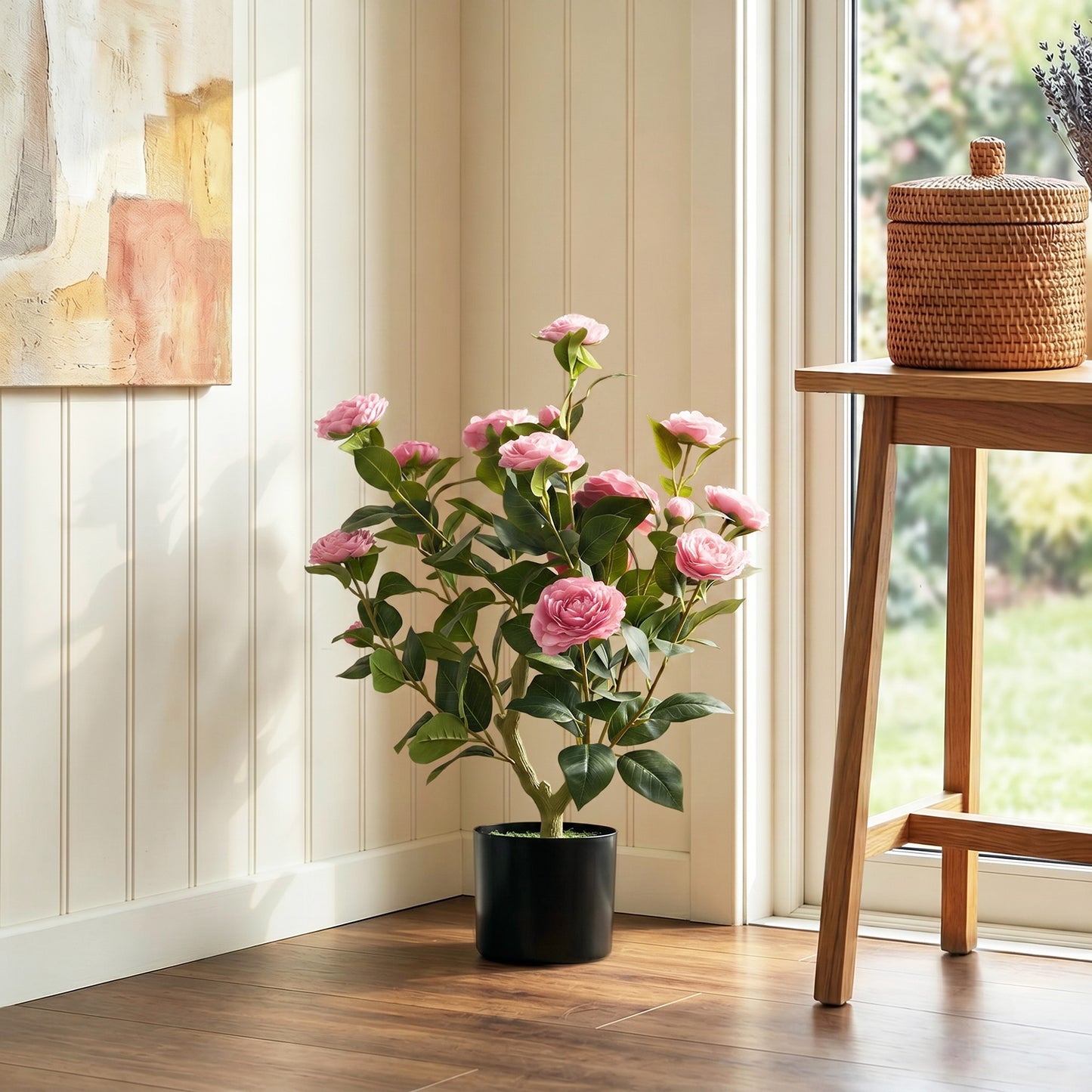 65cm Artificial Camellia Flower Plant in Pot with 116 Lush Leaves & Moss Effect, Pink