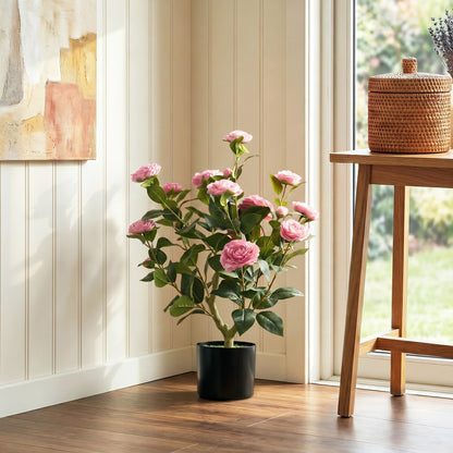 65cm Artificial Camellia Flower Plant in Pot with 116 Lush Leaves & Moss Effect, Pink